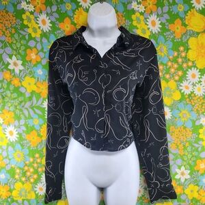 Carmen Marc Valvo Cat And Woman Abstract Print Black Button Down Shirt